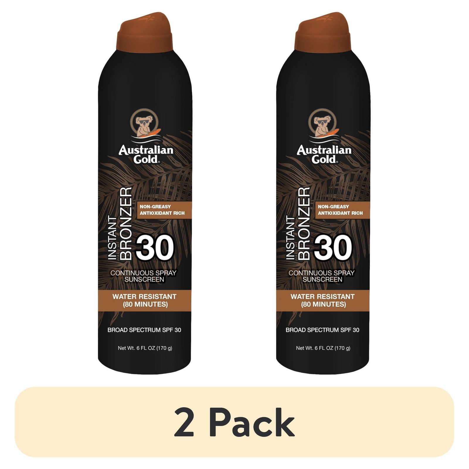 2 Australian Gold SPF 30 Continuous Spray Sunscreen with Instant Bronzer, 6 oz