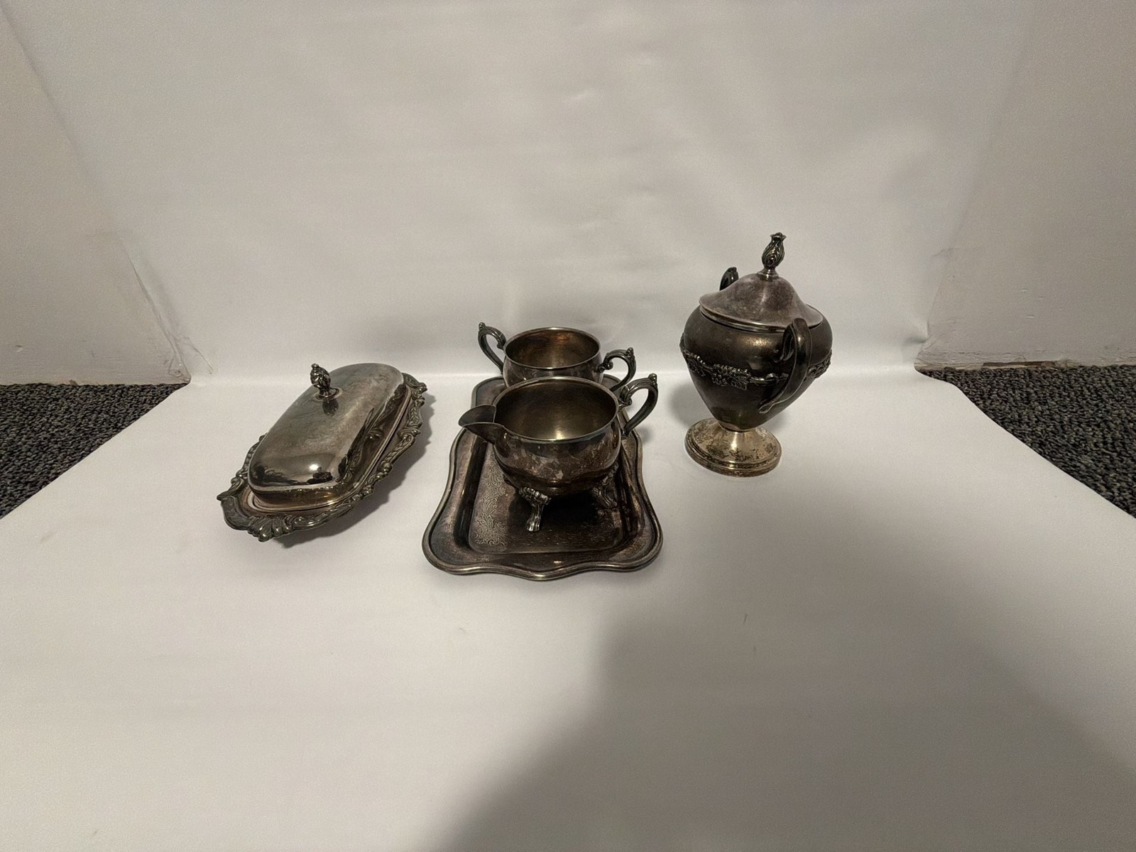 Sheridan Taunton Silversmiths Silverplate Creamer, Sugar Bowl with Lid, and Tray