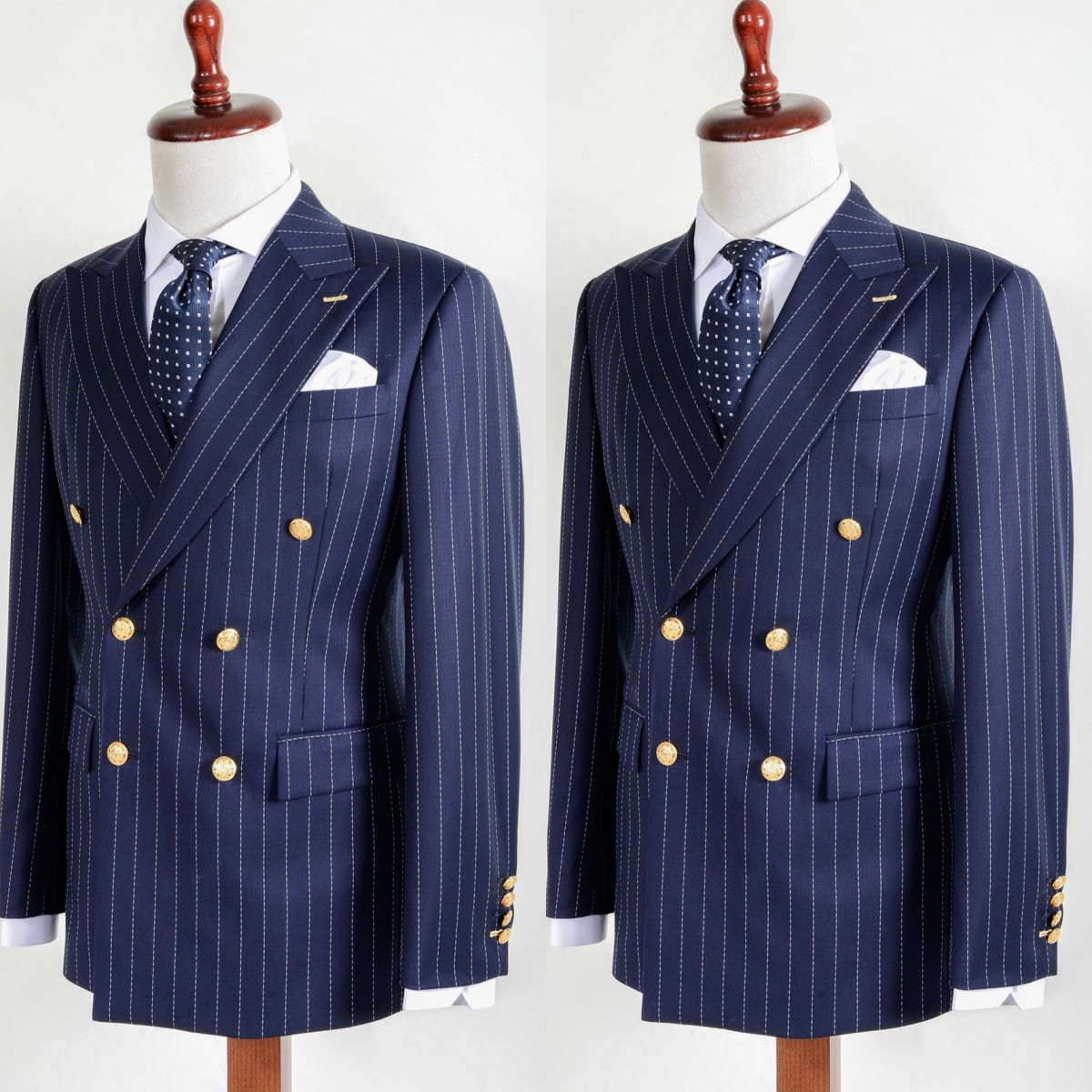 Striped  Men Suits Navy Blue Double Breasted Gold Buttons Jacket High Quality