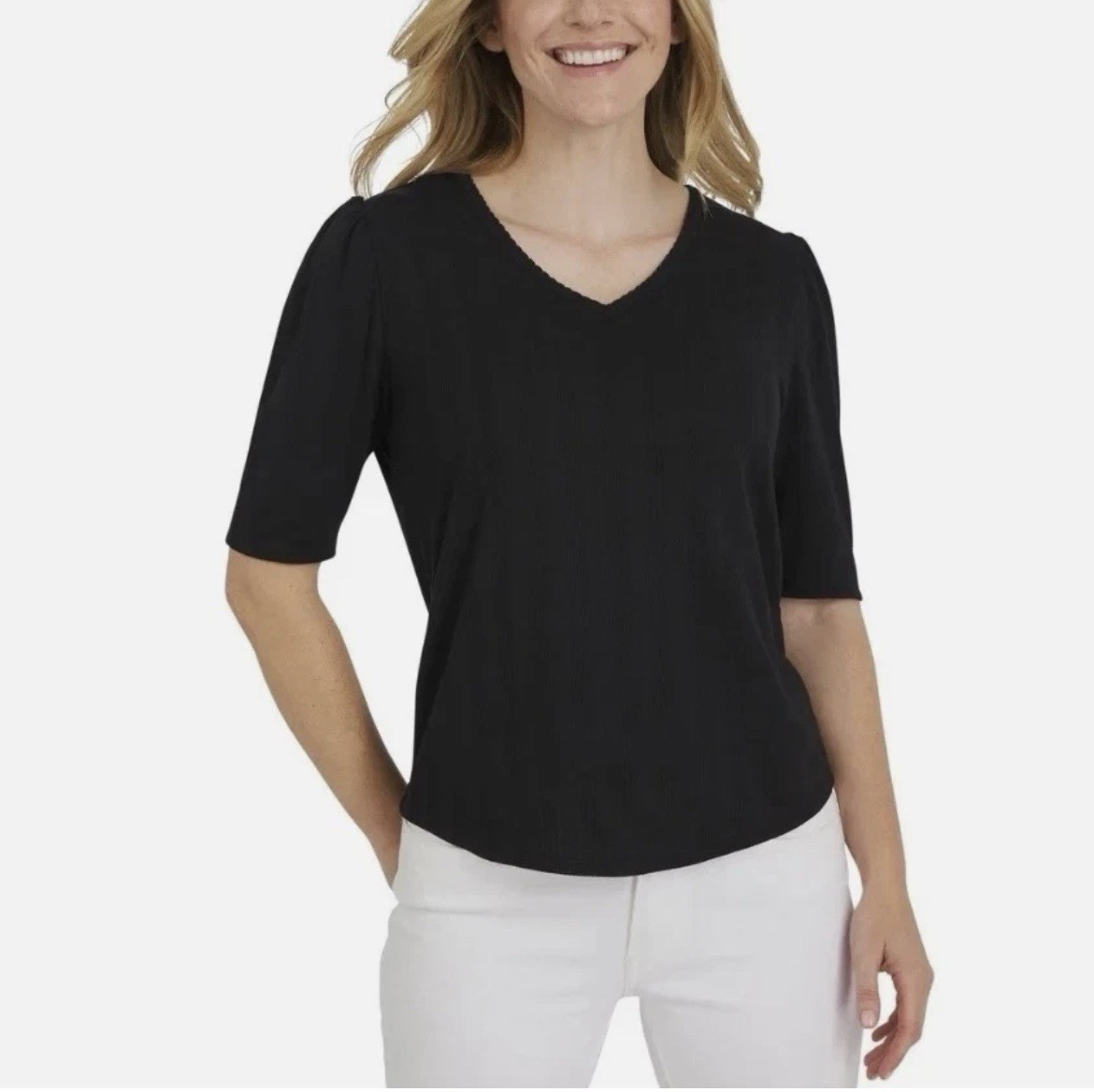 NWT Lands\' End Women\'s Black Pointelle V-Neck Elbow Sleeve Knit Top, L