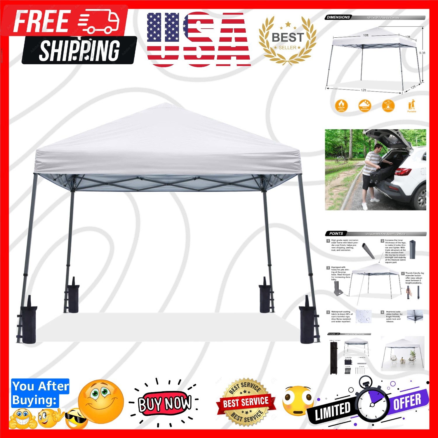 Stable Pop up Outdoor Canopy Tent 12 x 12 ft Base / 10 x 10 ft Top, White Stable Pop up Outdoor Canopy Tent 12 x 12 ft Base / 10 x 10 ft Top, White