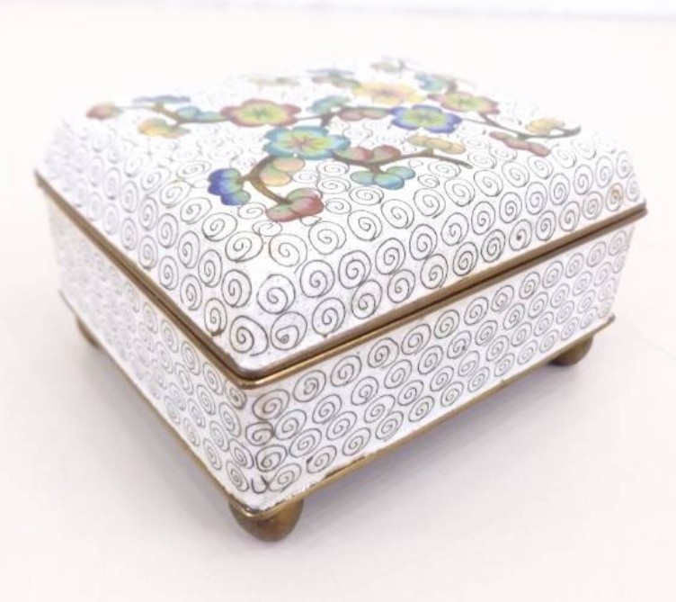 Vintage (1891-1921) Chinese Cloisonne  Box W/ Cherry Blossom Flowers Ball Feet 