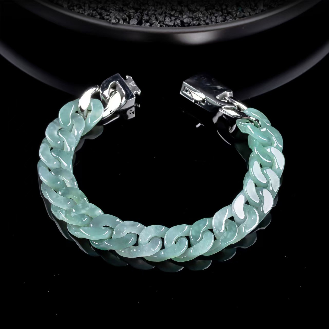 Real Grade A Natural Jadeite Jade Cuban Chain 11mm Curb Link Bracelet 6-8.6inch