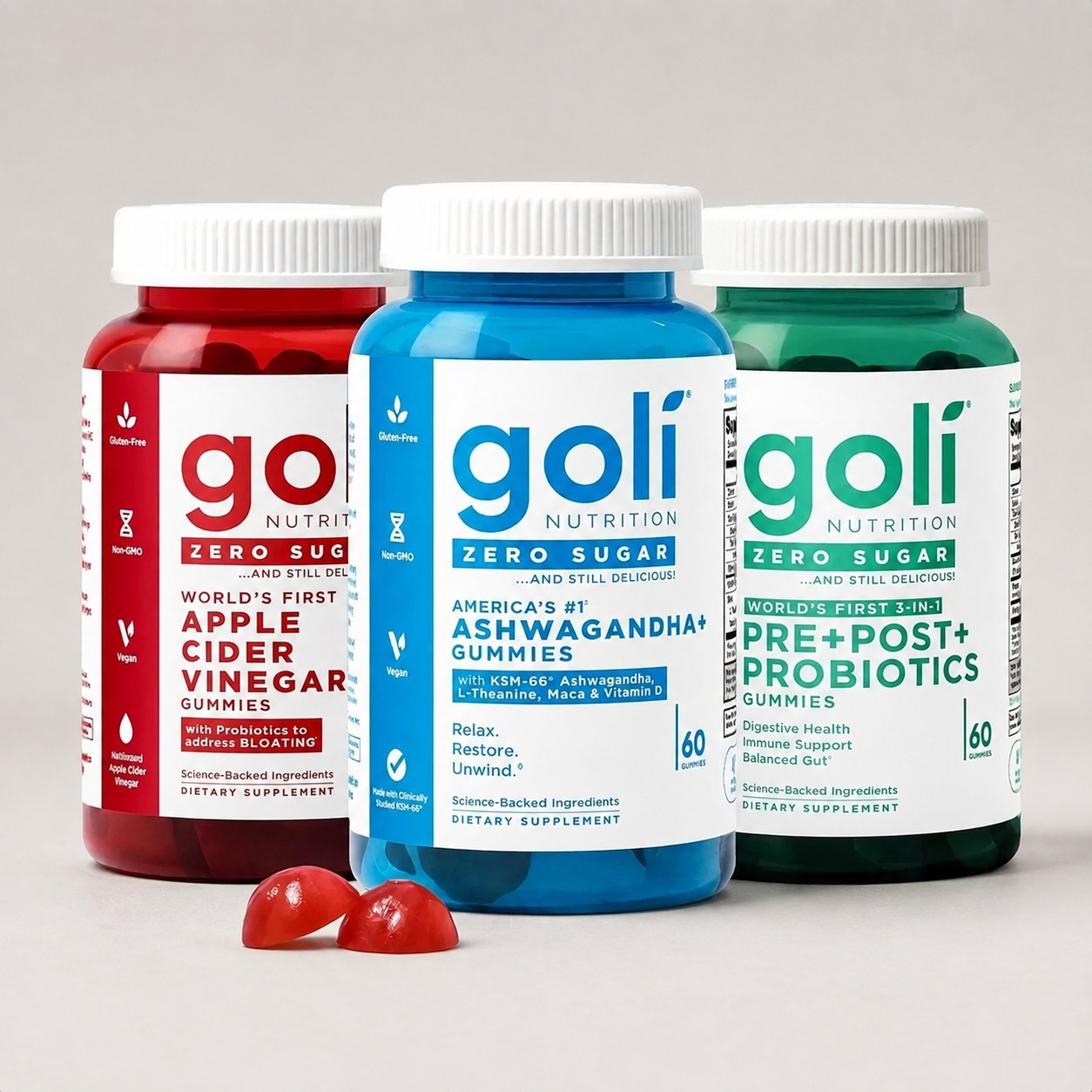 3 Bottles Goli Zero Sugar Best Seller Trio Set Gummies, 60 Counts Per Bottle 3 Bottles Goli Zero Sugar Best Seller Trio Set Gummies, 60 Counts Per Bottle