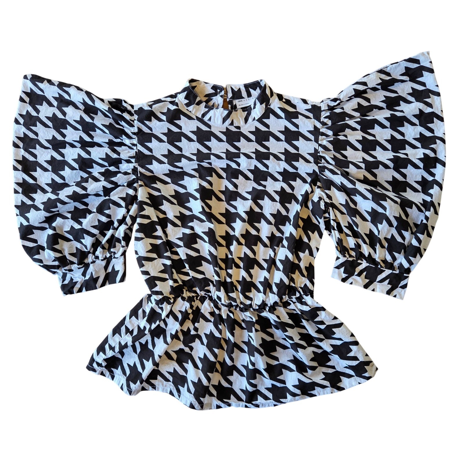 ASOS DESIGN Houndstooth Puff Sleeve Peplum Blouse Top Size 0 Preppy Statement
