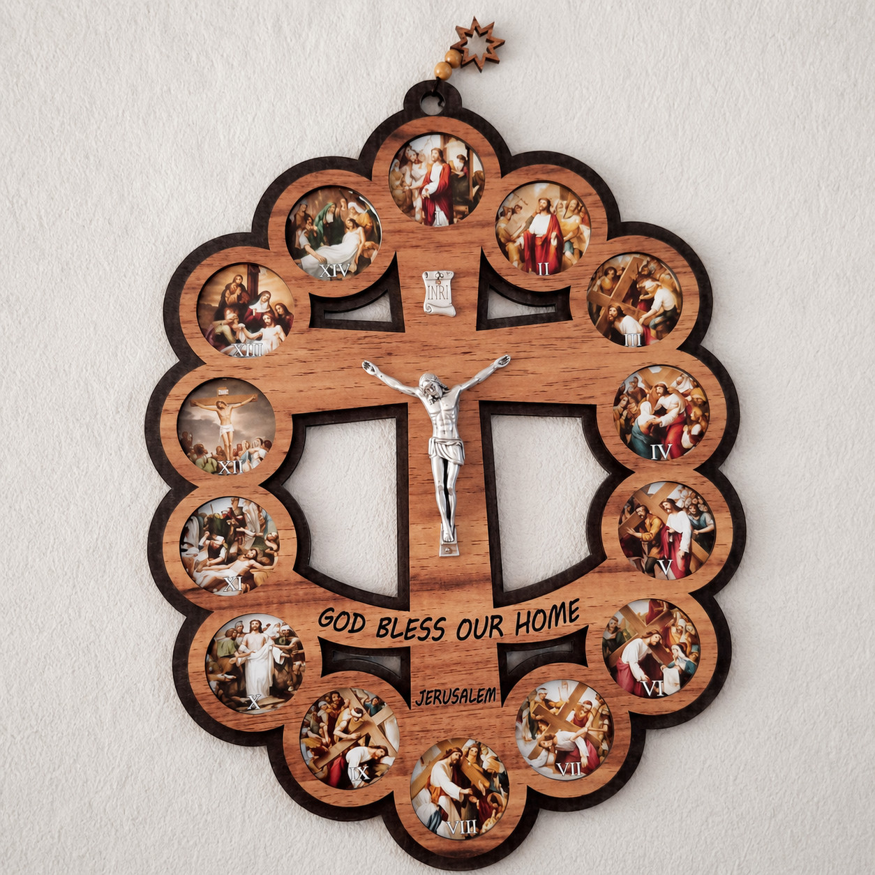 Handmade Bethlehem Wood 14 Stations Cross Plaque God Bless Our Home 13.2x9.6