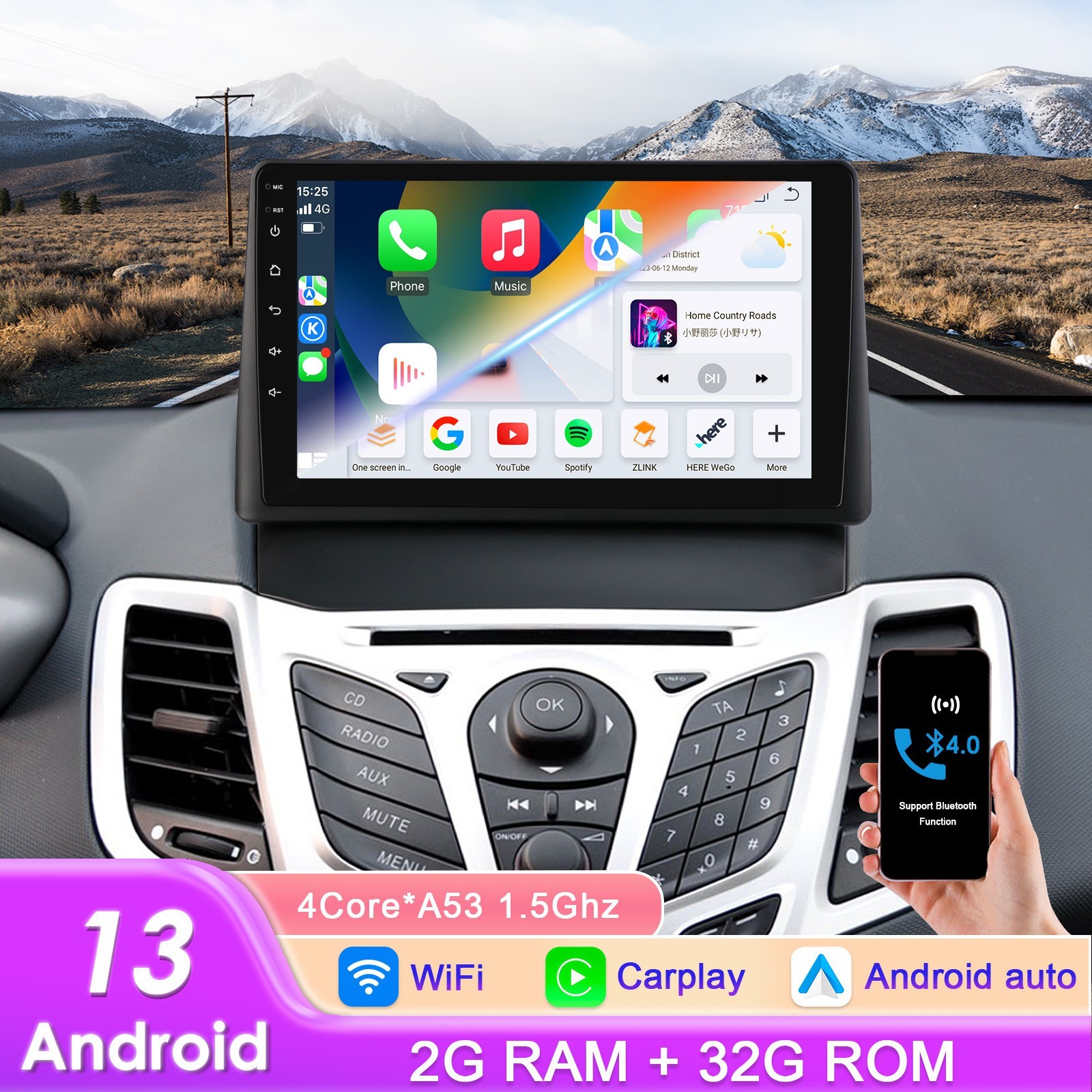 9'' Apple Carplay For Ford Fiesta 2009-2016 Android 14 Car Stereo Radio GPS NAVI
