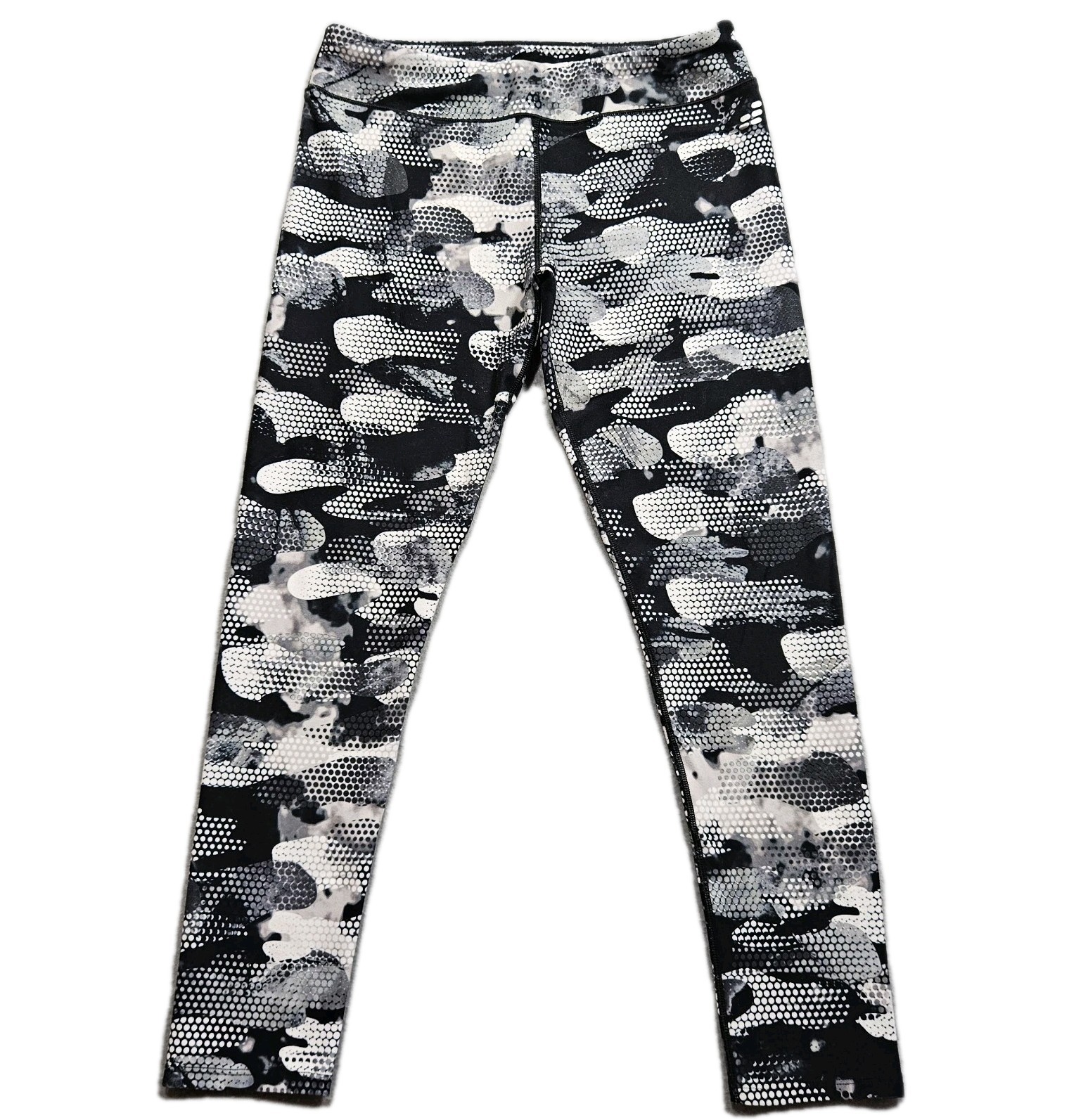 BCG Capri Leggings Big Girls Large 12-14 Black Gray Camo With Dots 26x24