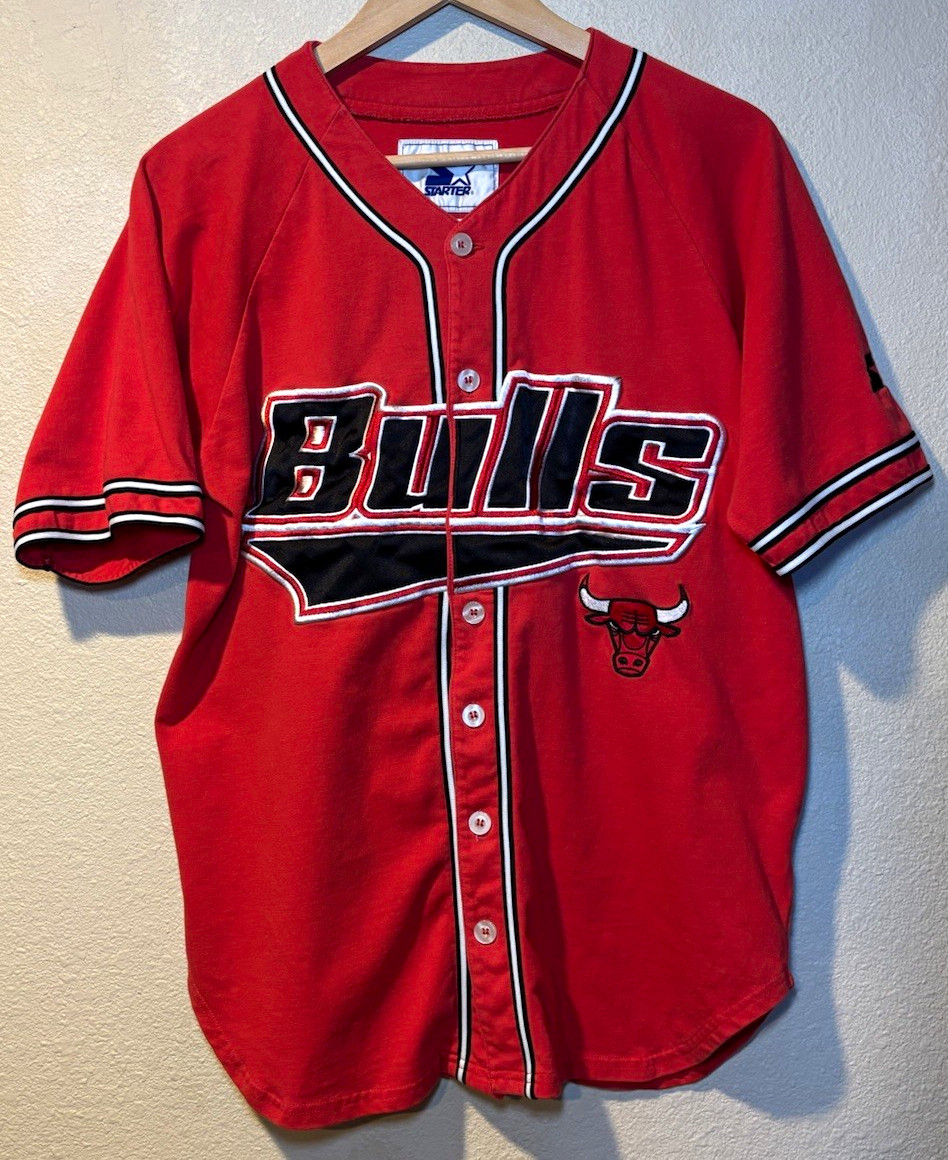 Vintage 90s Starter Chicago Bulls Button Up Baseball Jersey Red Size Small NBA