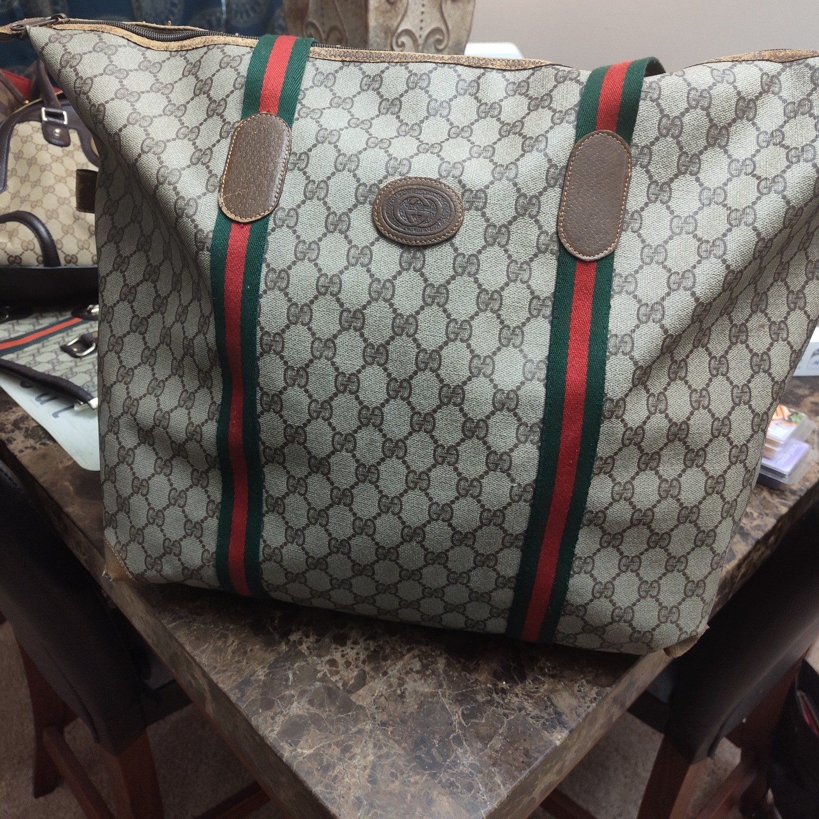 Authentic GUCCI Web Sherry Line Travel Boston Bag GG PVC Leather Brown 2209J