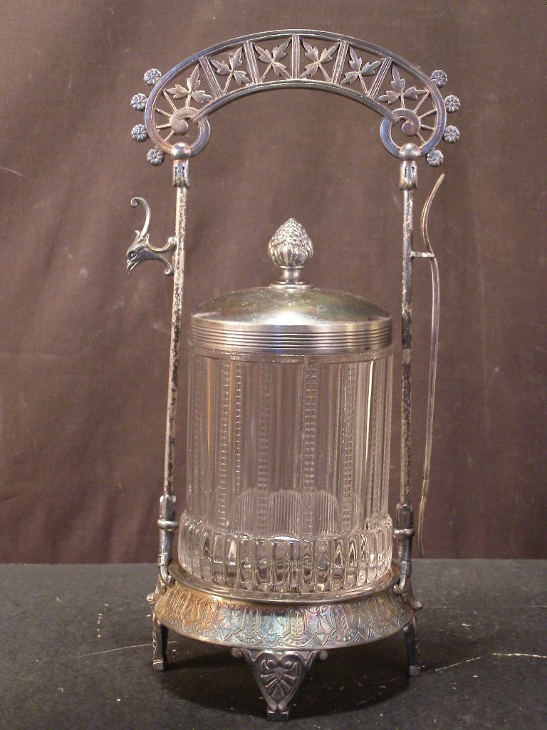 19 c Victorian Antique Silver Figural Pickle Castor Pattern Glass Jar Fork Stand