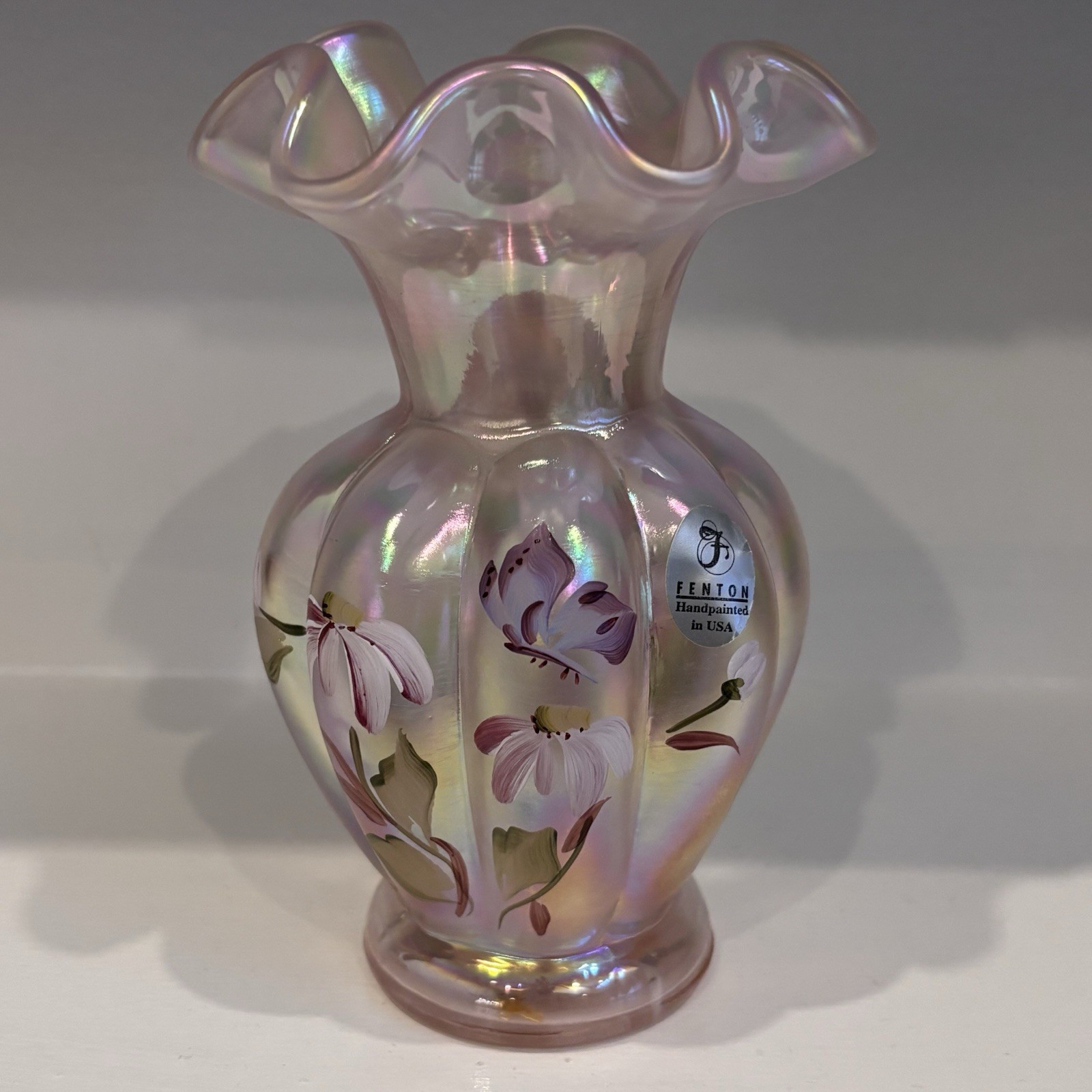Vintage Fenton Pink Iridescent Carnival Glass Vase Hand-painted Signed + Sticker