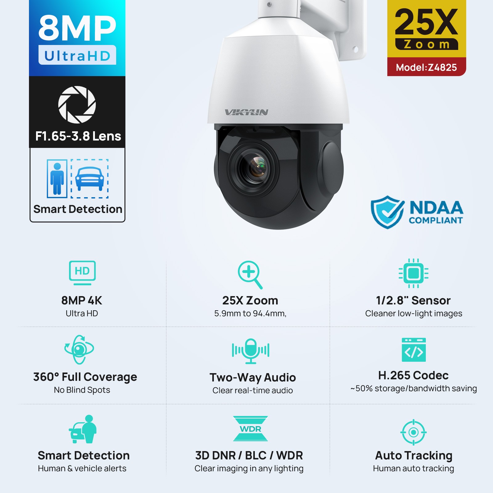 Vikylin 4K 8MP 25X 50X Zoom PTZ Camera POE Auto Tracking Human Vehicle Detection