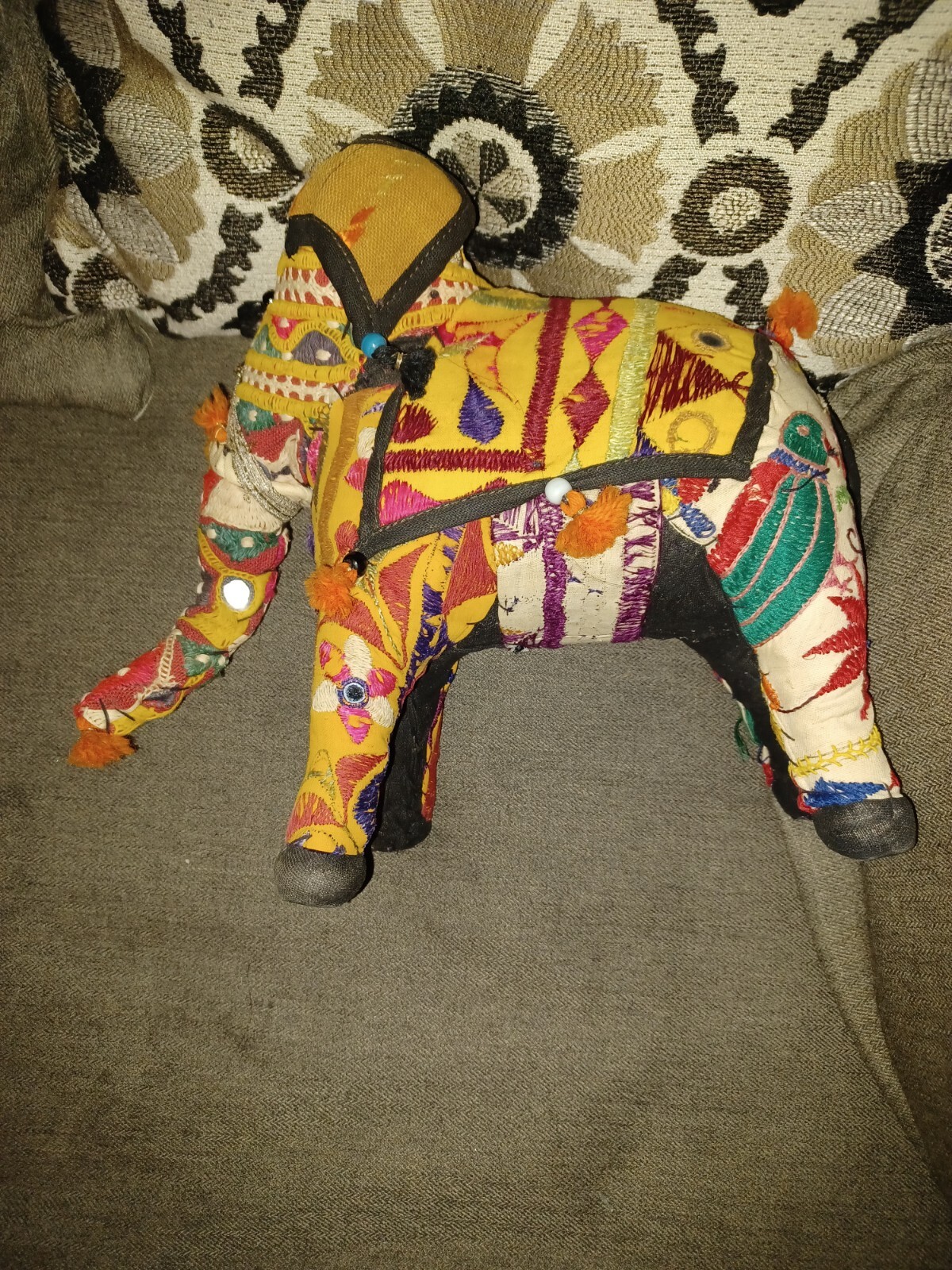 Vtg Unique Hand Woven Made In India Cotton Elephant With Mirrors Patches Beads