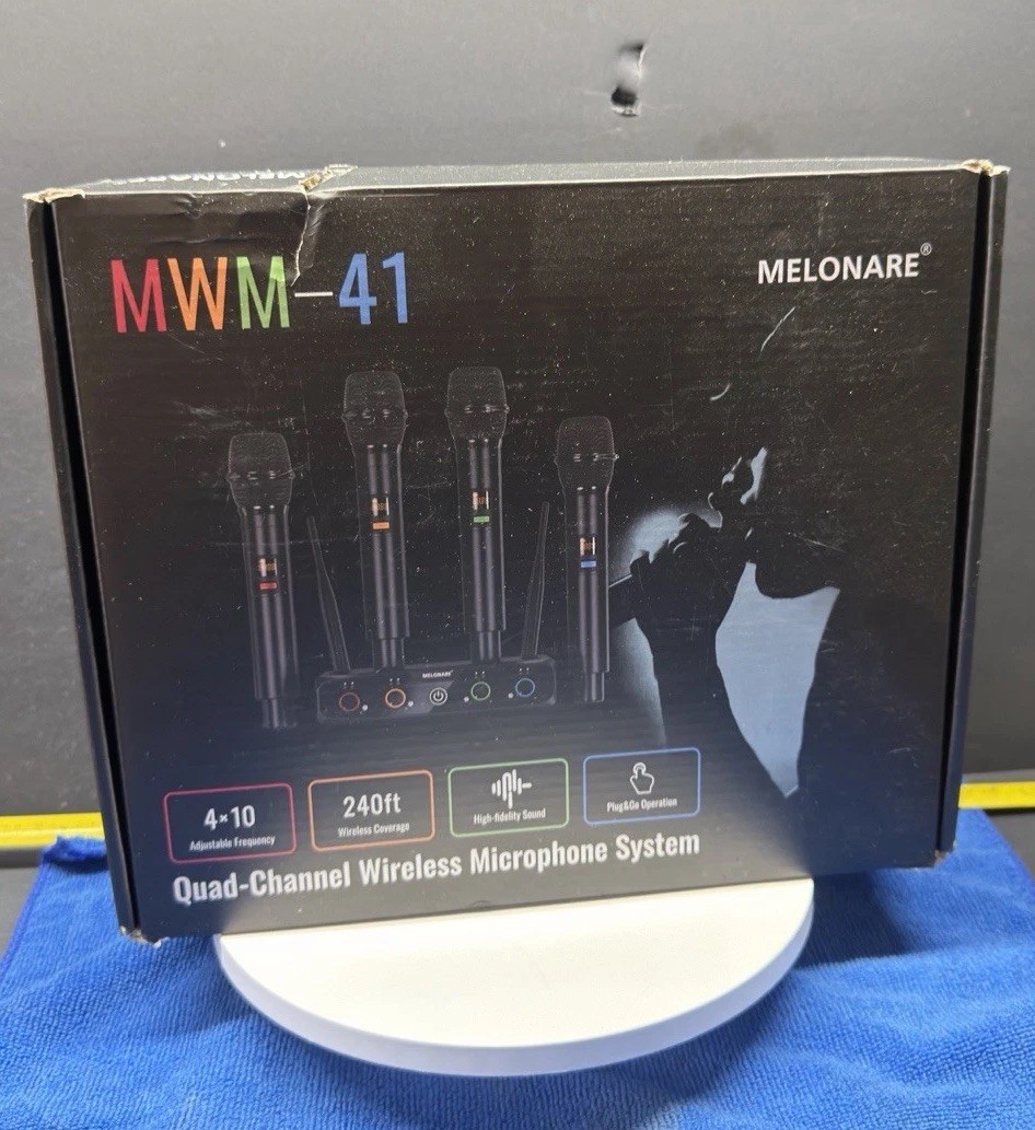 MELONARE MWM-41 Quad-Channel Wireless Mic System w/ Receiver & 4 Mics, Black