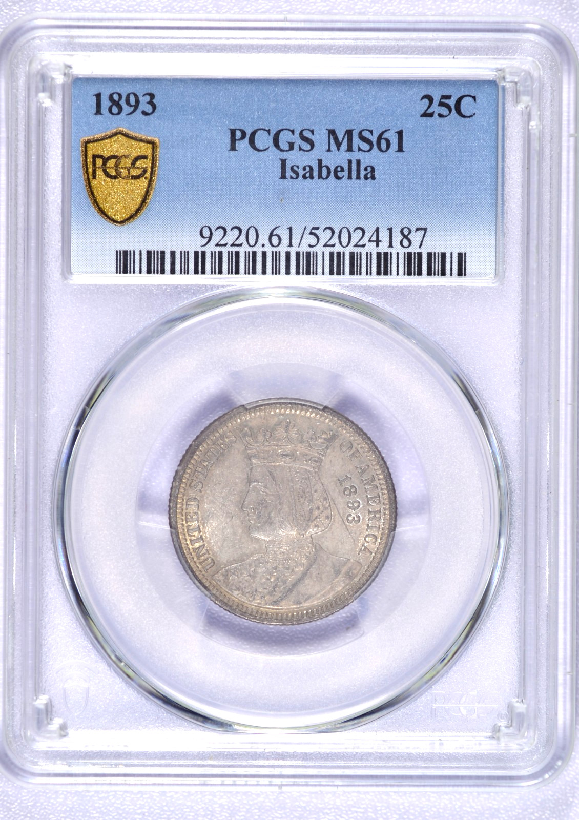 1893 ISABELLA COMMEMORATIVE QUARTER PCGS MS61 SOLID TYPE COIN