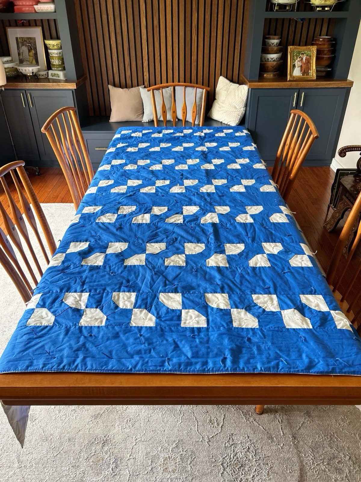 Vintage Churn Dash Quilt Mid Century Handmade Cobalt Blue
