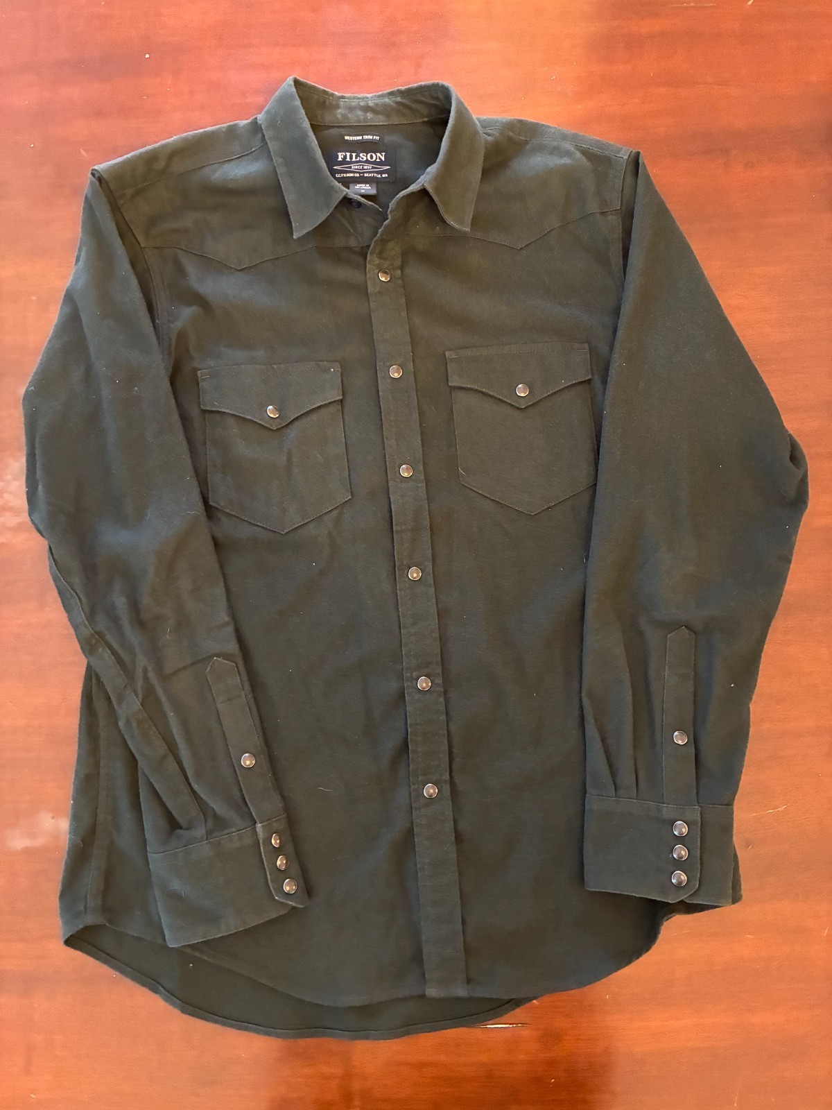 Filson Flannel Shirt Men\'s M Faded Black/Dark Olive Western Trim Fit Pearl Snap