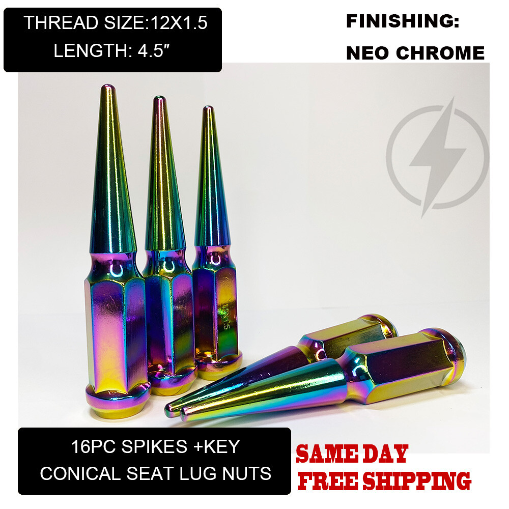 FIT DODGE NEON 4LUG 1994-06 SPIKE LUG NUT CONE SEAT 4.5\'\' 12x1.5 NEO CHROME 16PC