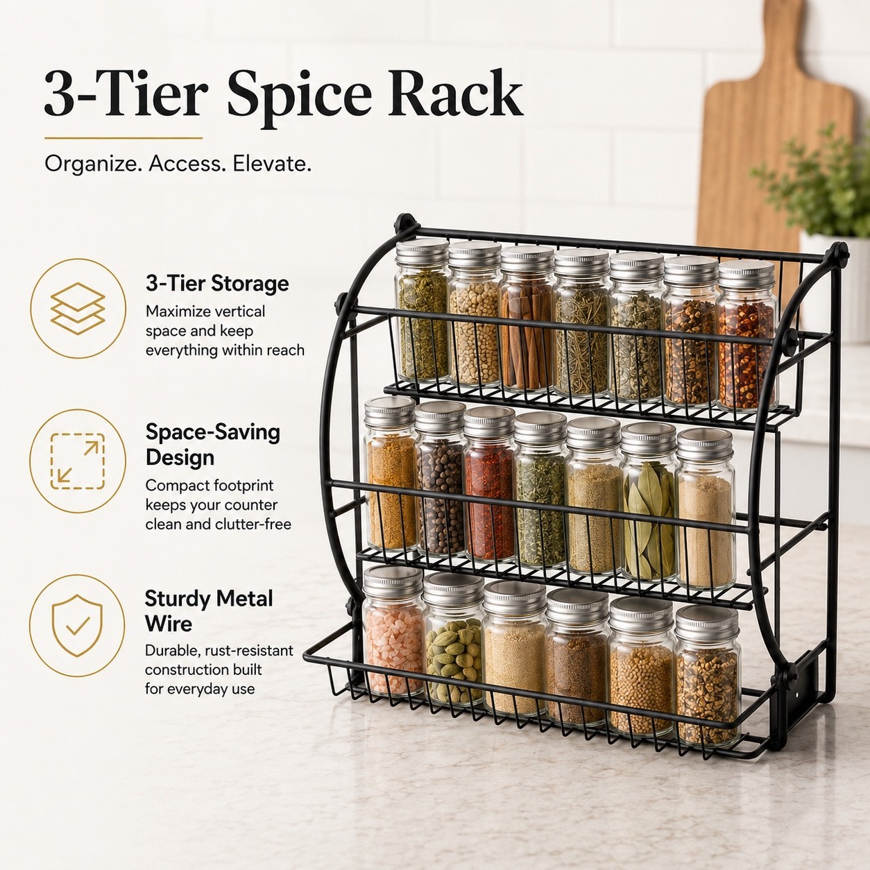3-Tier Metal Spice Rack Countertop Organizer Black