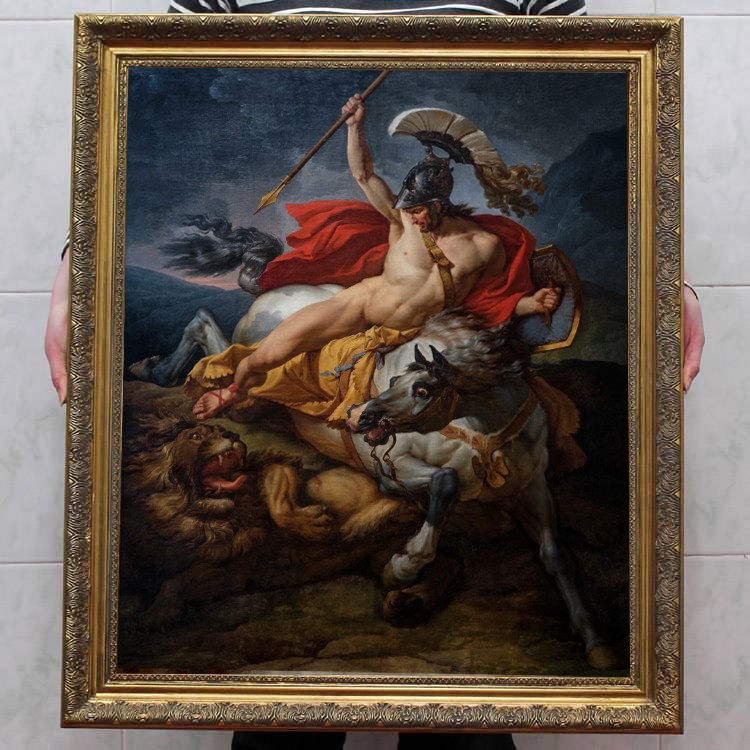Hand Painted Oil Painting Ancient Warrior Fighting Lion on Horse Classical Myt Hand Painted Oil Painting Ancient Warrior Fighting Lion on Horse Classical Myt