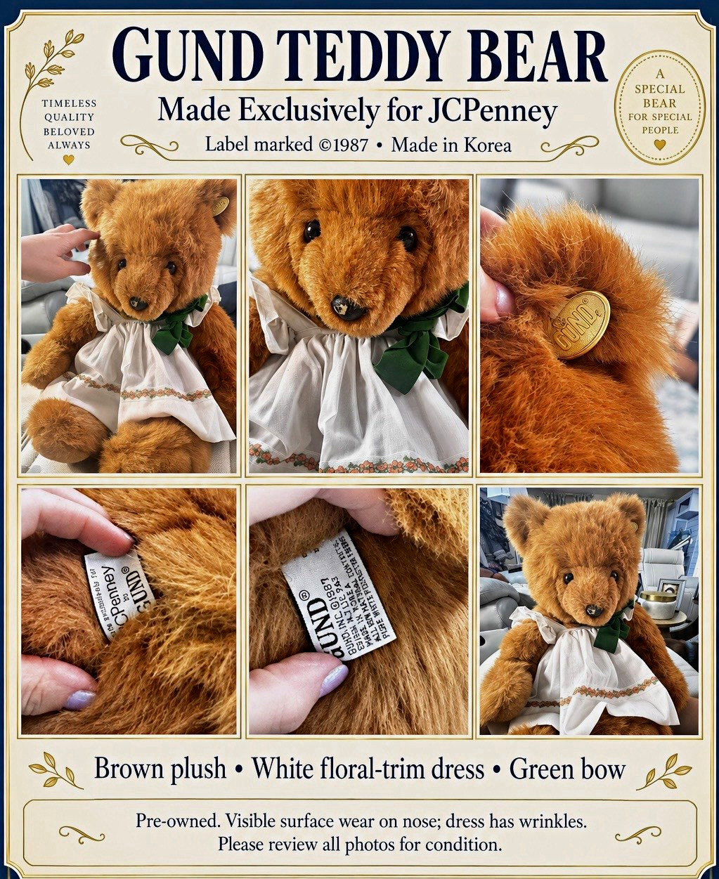 GUND Vintage 1987 Teddy Bear Medium Brown Plush Floral Dress Green Bow JCPenney