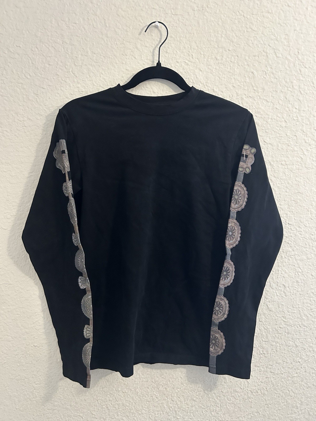 KAPITAL Men\'s Black Long Sleeve Cotton Jersey Crew Neck Lace T-Shirt Size 2