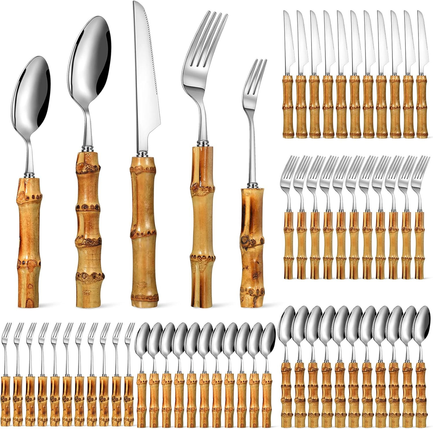 60 Pcs Bamboo Silverware Set 18/8 Stainless Steel Flatware Set
