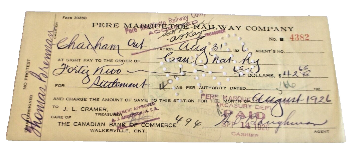 1926 PERE MARQUETTE RAILROAD USED COMPANY CHECK