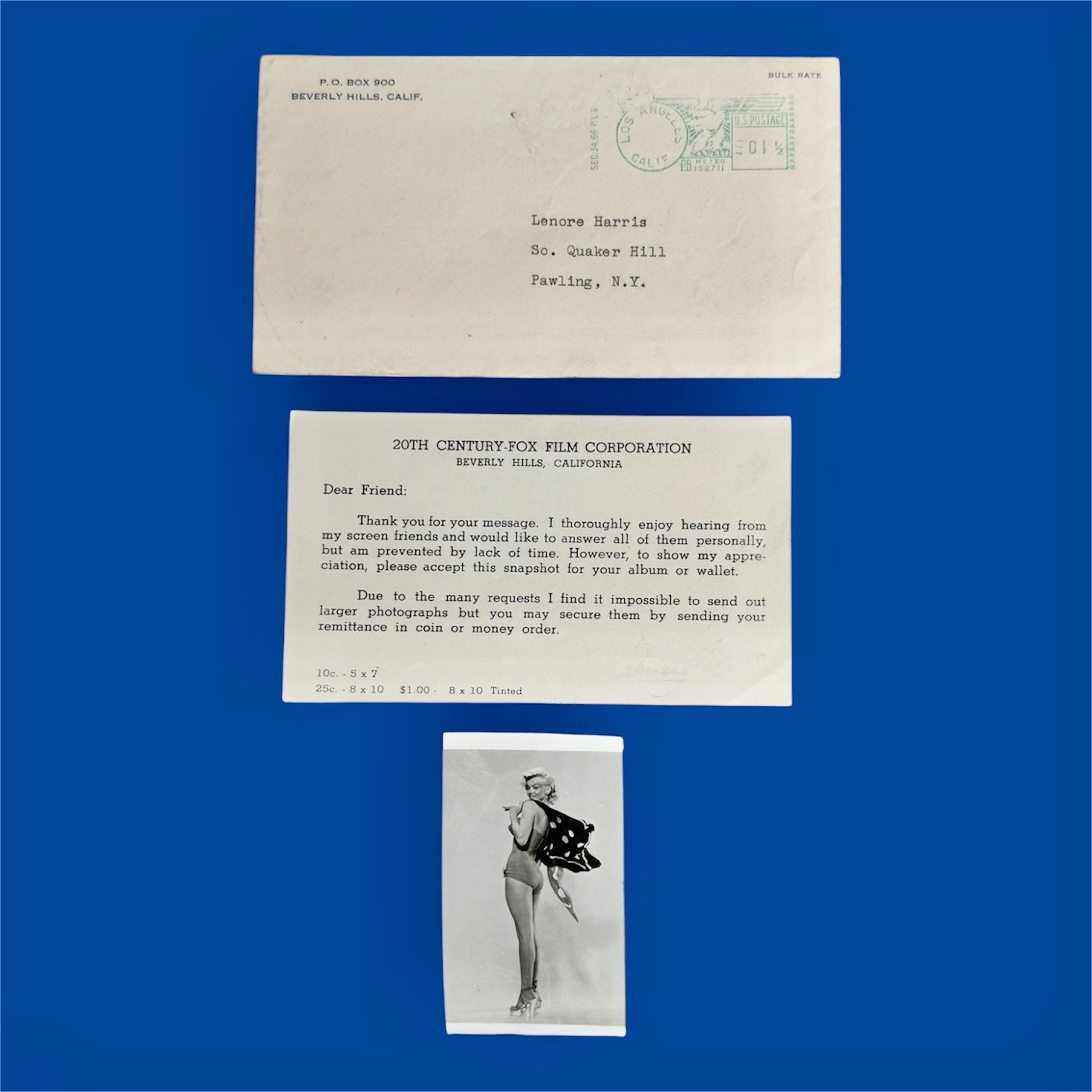 1953 MARILYN MONROE ORIGINAL SNAPSHOT PHOTO & 20TH CENTURY PROMO FAN CLUB NOTE