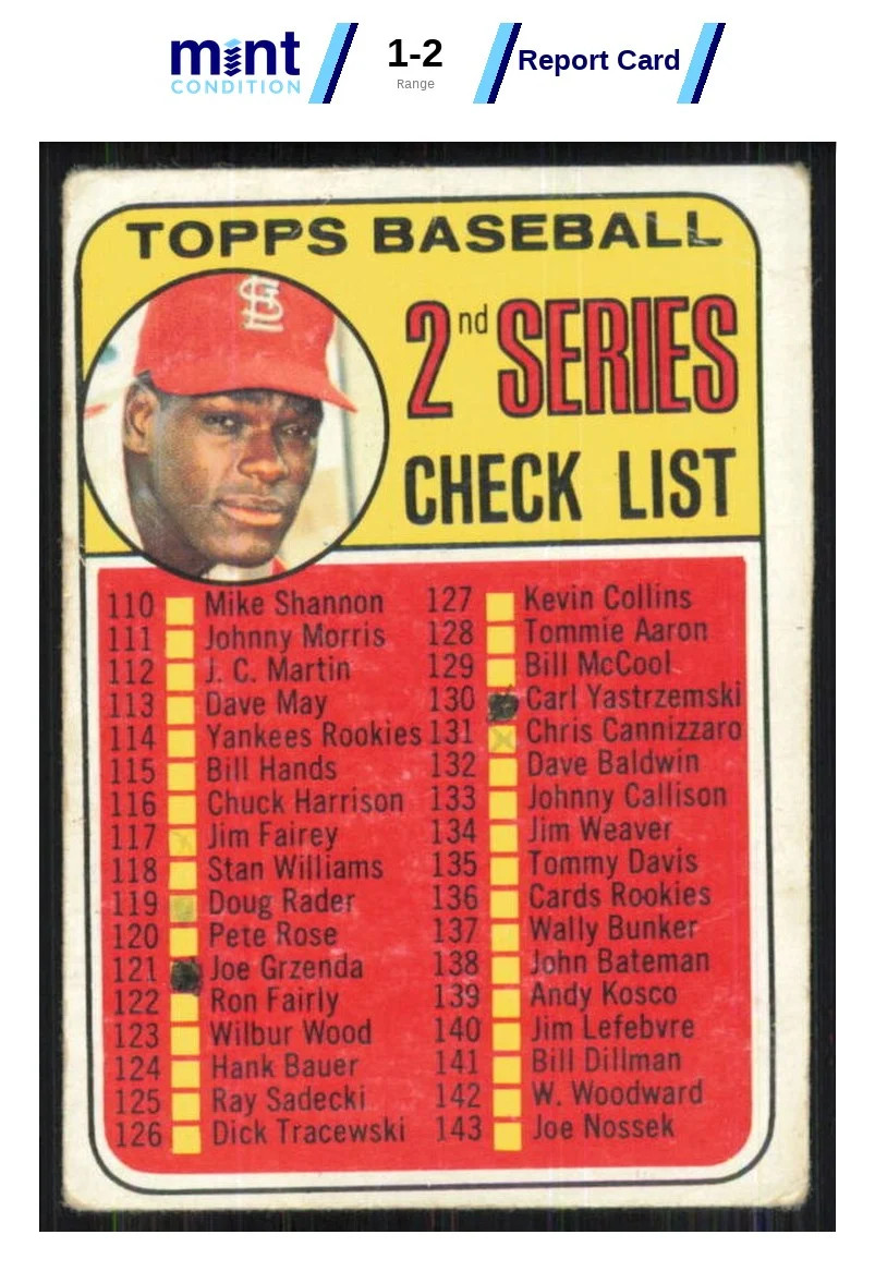1969 TOPPS BOB GIBSON 107 GOOD MCG 2 CHECKLIST 110-218 MK ST. LOUIS CARDINALS