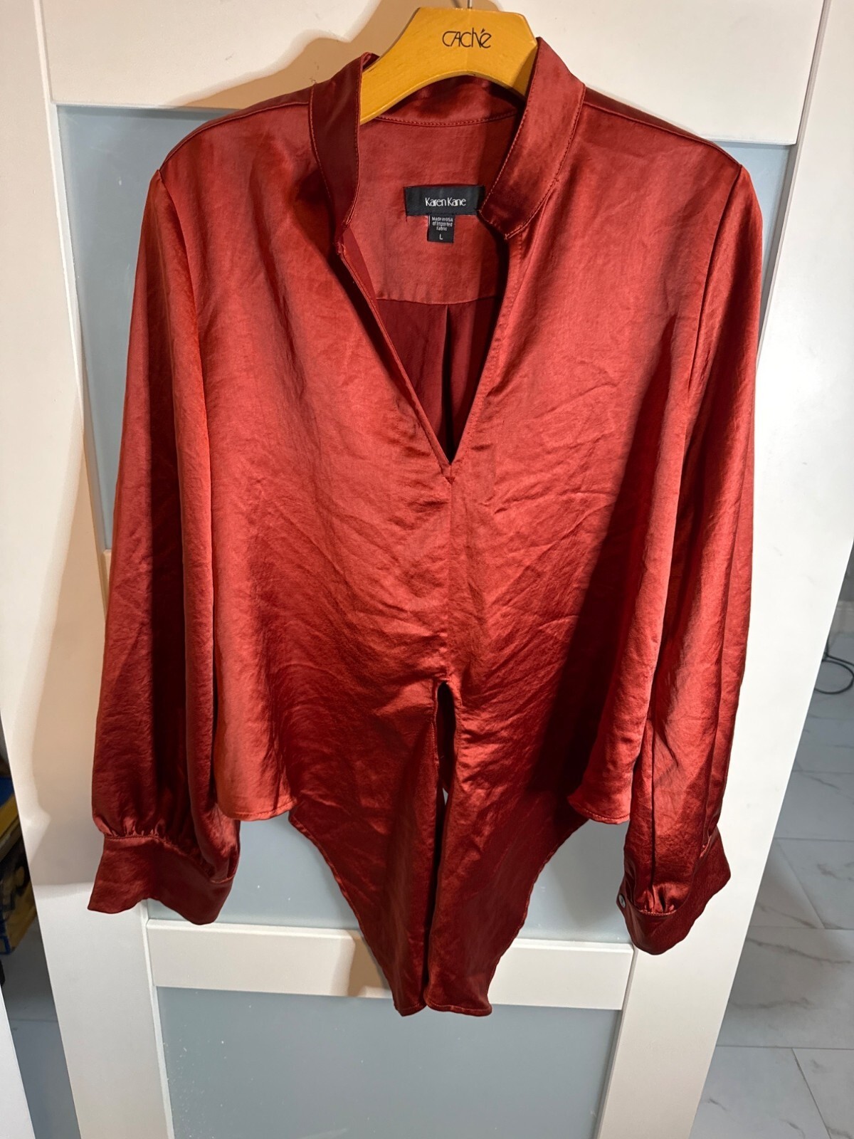 Karen Kane Womens Rust Red Satin High-Low Blouse Size L                    CD-68