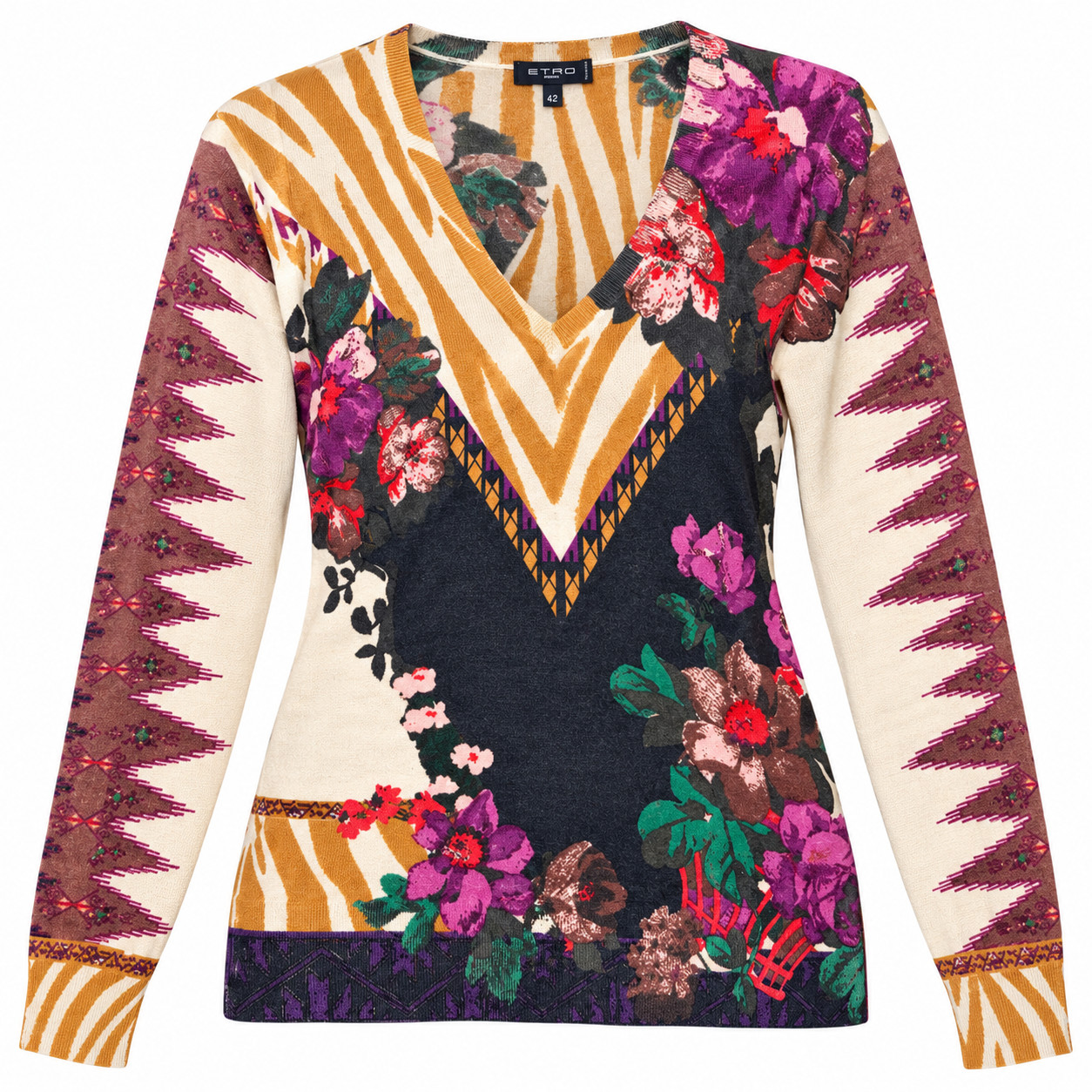 ETRO Milano Multi Thin Knit Silk Cashmere Floral V-Neck Sweater, Size US 6 | 42 ETRO Milano Multi Thin Knit Silk Cashmere Floral V-Neck Sweater, Size US 6 | 42