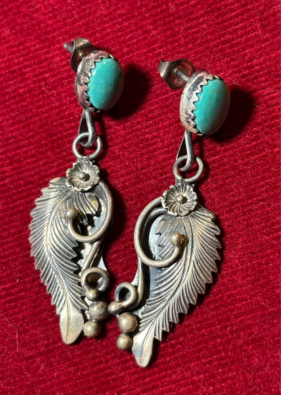 Vintage Navajo Sterling Silver Turquoise Feather Dangle Post Earrings Blue