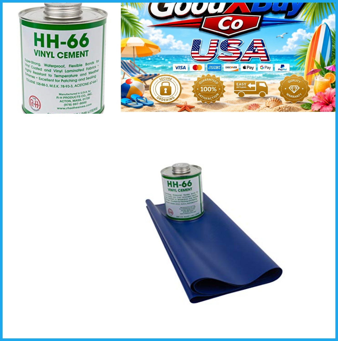 NEW Tarp Repair Kit 18oz Vinyl Patch Blue with 32oz HH66 Vinyl Cement Glue