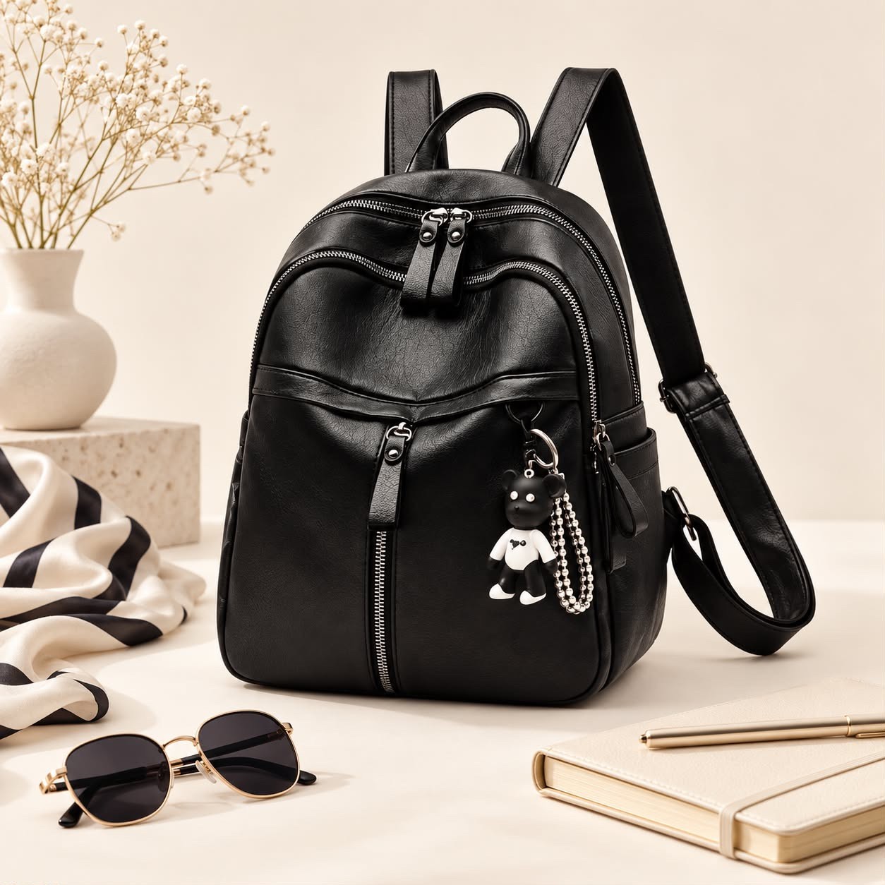 Luxury Waterproof Women’s Leather Rucksack Daypack color Black