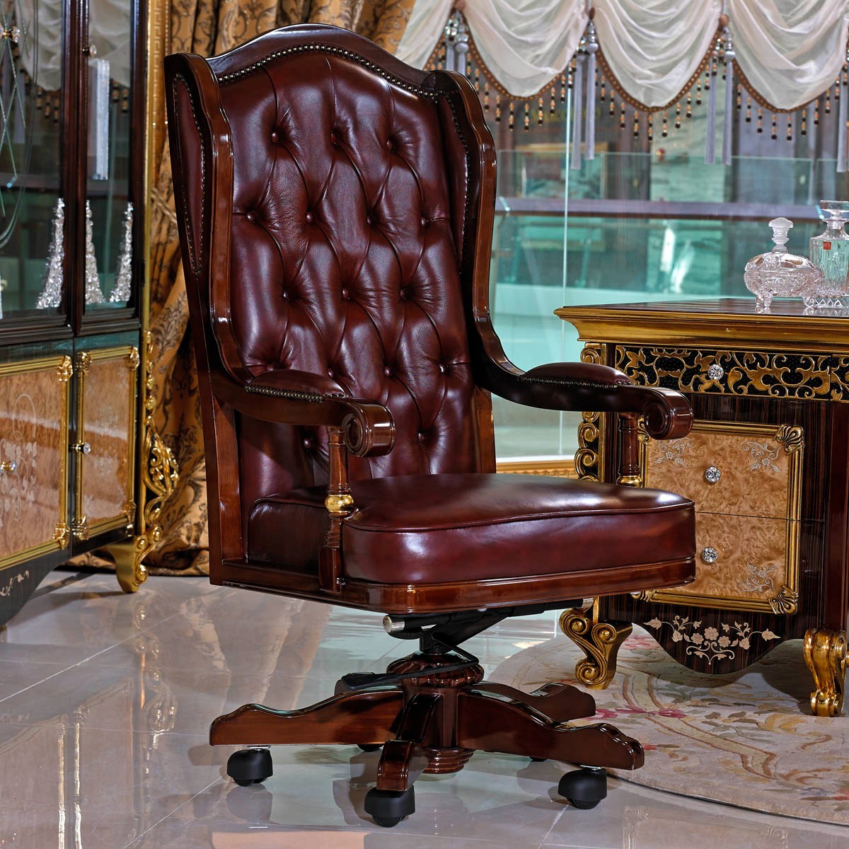 Luxury Genuine Leather Executive Office Chair – Tufted High-Back Solid Wood