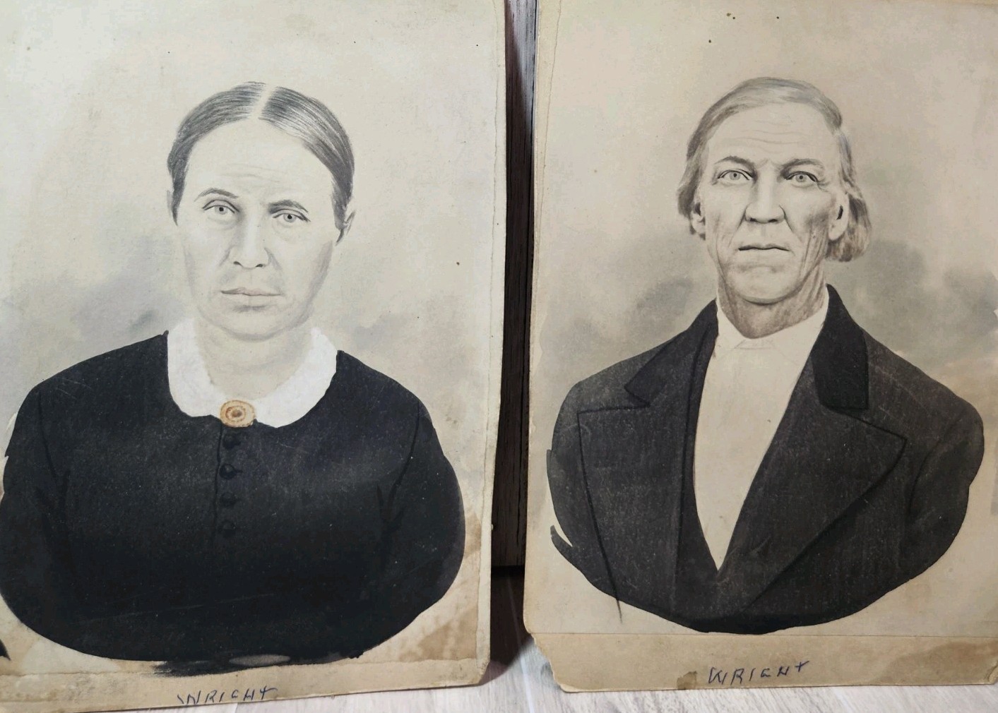 Antique Hand-Colored Crayon Portraits Husband & Wife Named Wright c.1880-1900