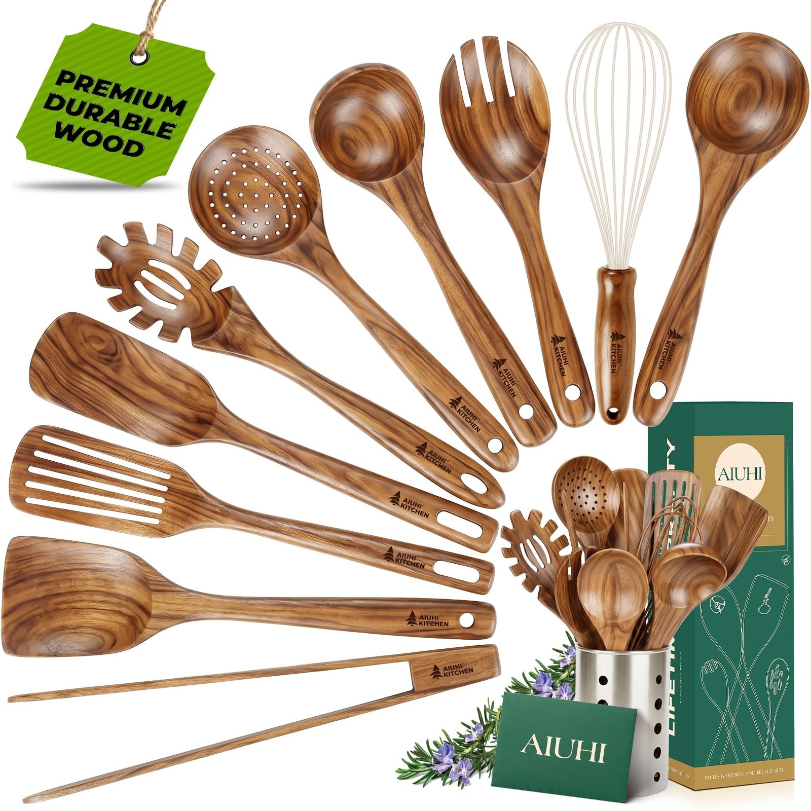 11-Piece Teak Wood Kitchen Utensil Set with Holder - Wooden Spoons, Spatulas, La
