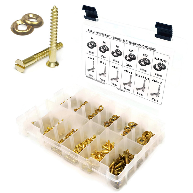 Brass Slotted Flat Head Wood Screw Assortment Kit with Cup Washers #4-#14 301pcs