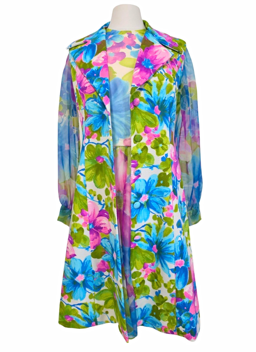 Vintage 1960’s Jack Bryan Floral Chiffon Dress with Sleeveless Duster Vest 