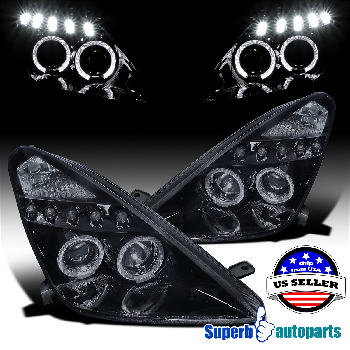 Fits 2000-2005 Toyota Celica Projector Headlights Halo LED Glossy Black Smoke Fits 2000-2005 Toyota Celica Projector Headlights Halo LED Glossy Black Smoke
