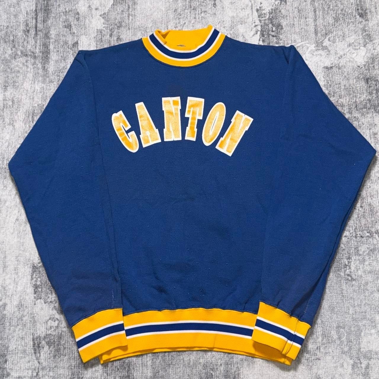 True Vintage 70s Russell Athletic Canton yellow arched text on navy blue crew