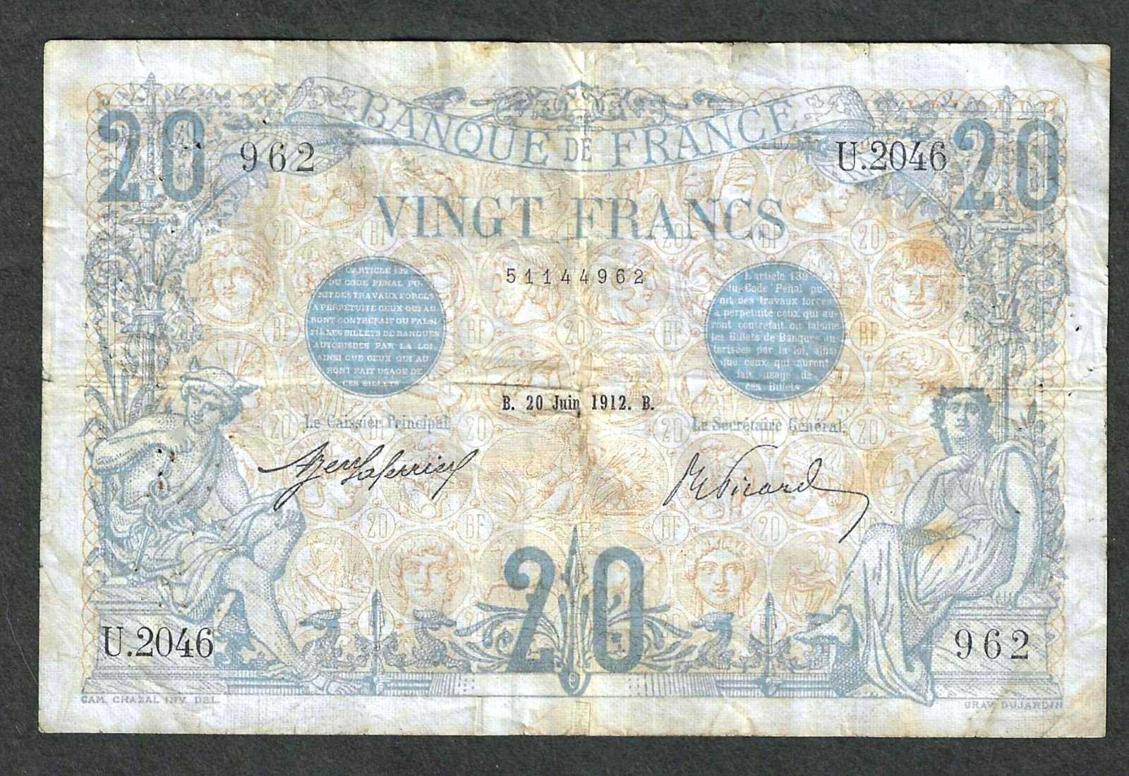 FRANCE 20 FRANCS 1912 ~ P-68b ~ RARE 3 YEAR TYPE ~ 20 JUIN 1912 ~