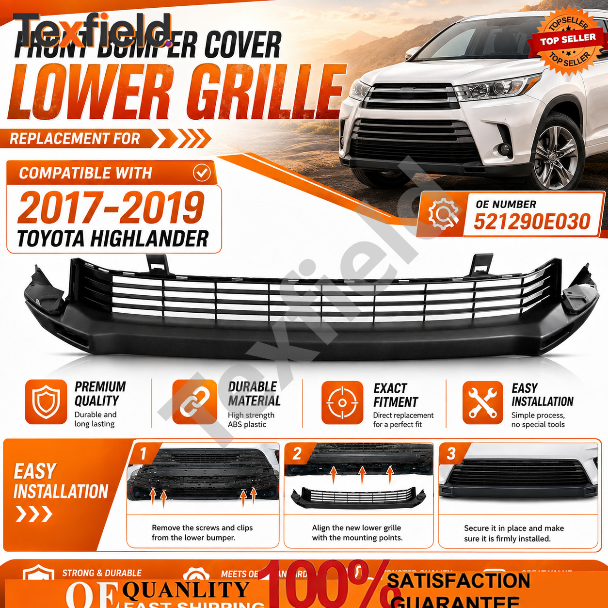 New Front Bumper Cover Lower Grille Fits 2017-2019 Toyota Highlander 521290E030