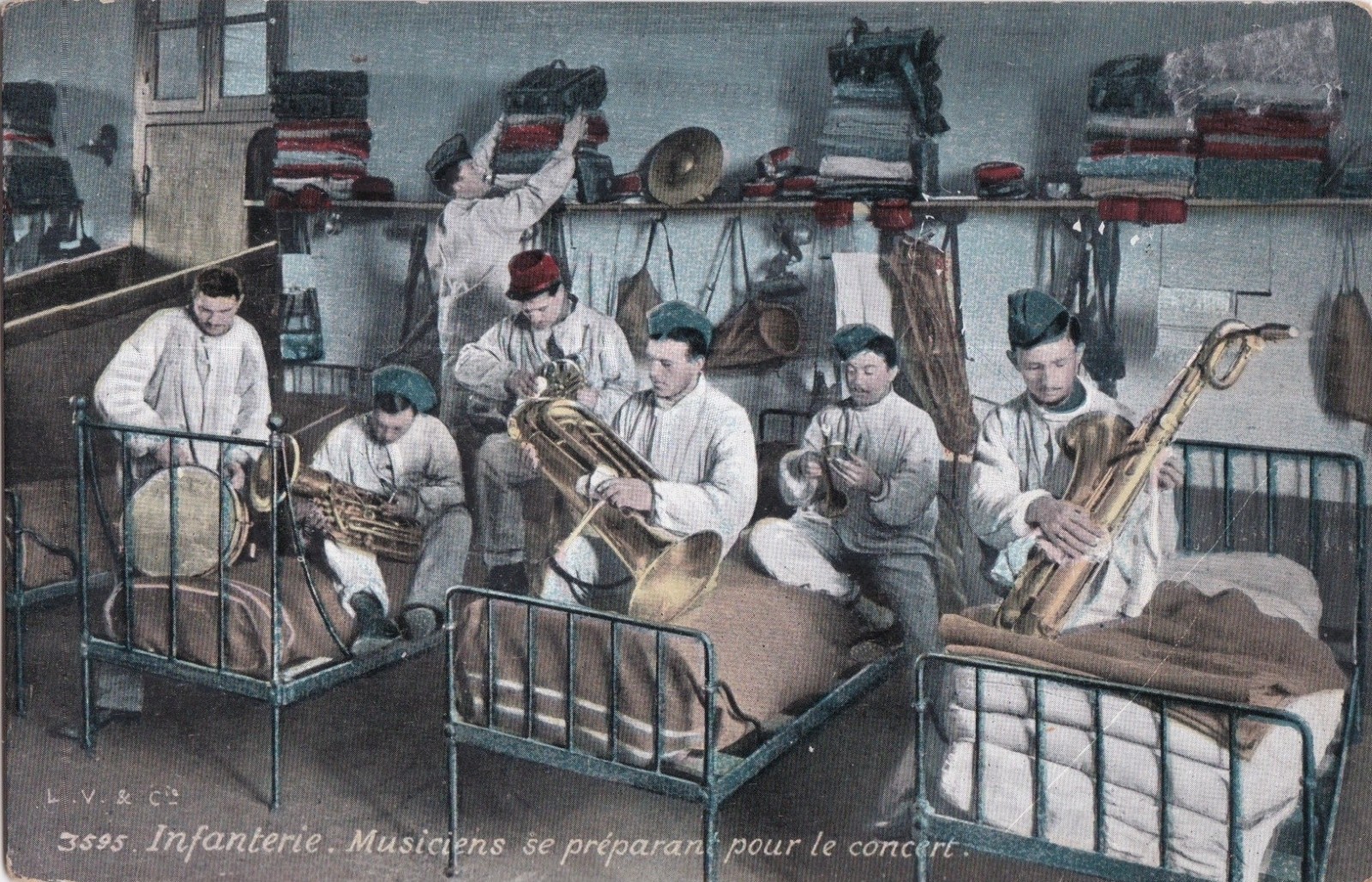 Vintage French postcard: Musicians prepare for a concert - Levy & Fils, printer