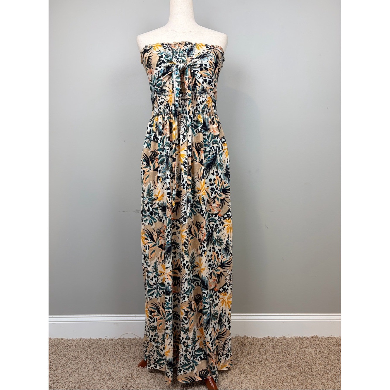 Cato Women\'s Strapless Maxi Dress L NWT Tropical Animal Print Smocked Pockets