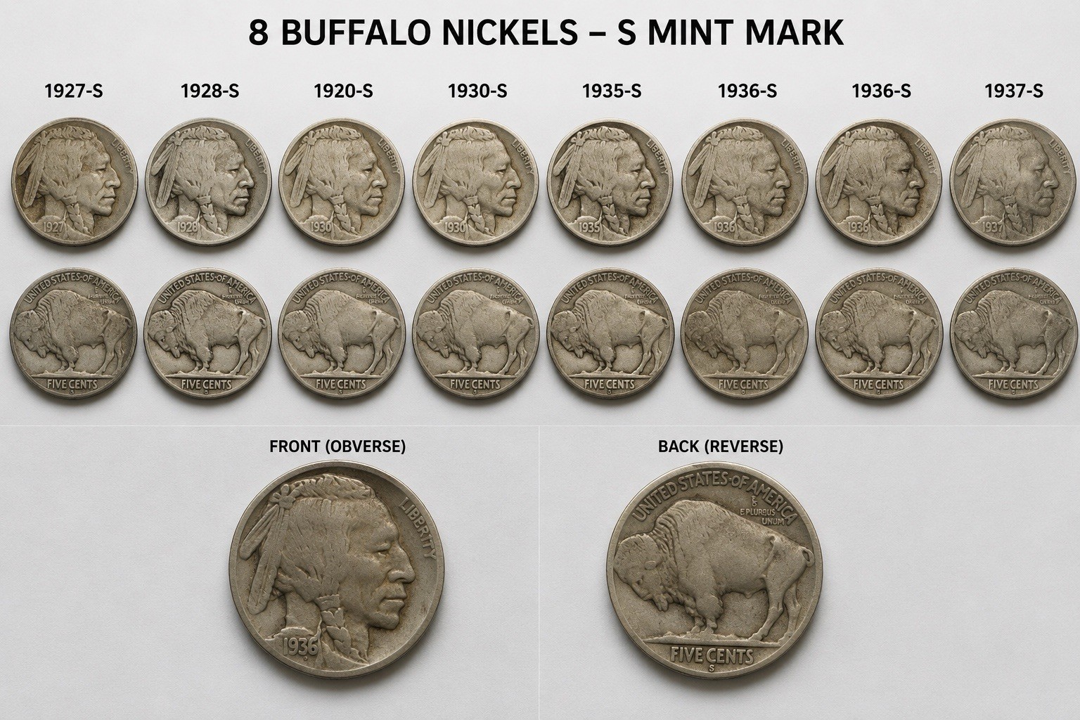 Lot of 8 Buffalo Nickels S Mint Mark Full Dates 1927S-1937S