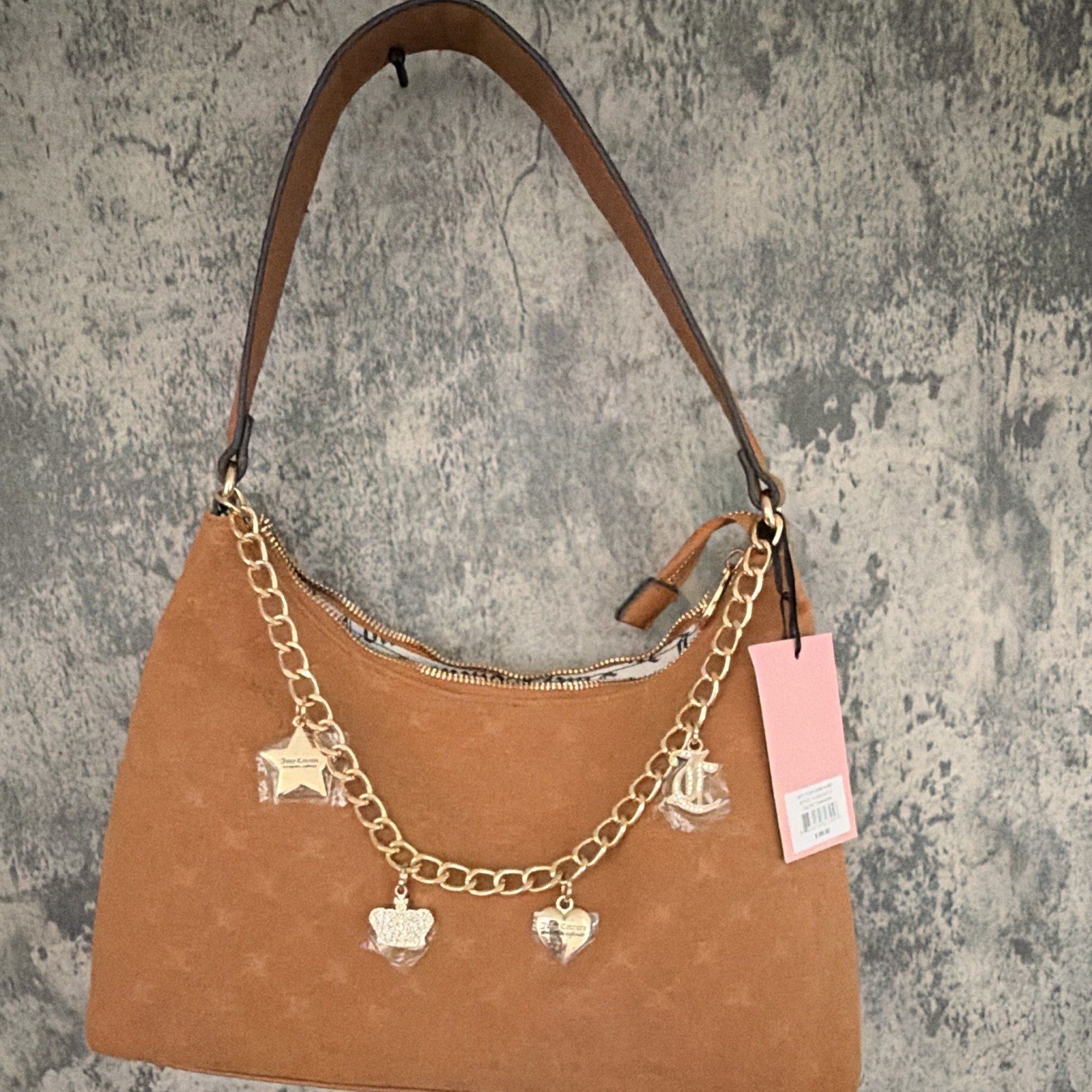 Juicy Couture Tan Monogram Shoulder Bag Gold Charm Chain Y2K NWT