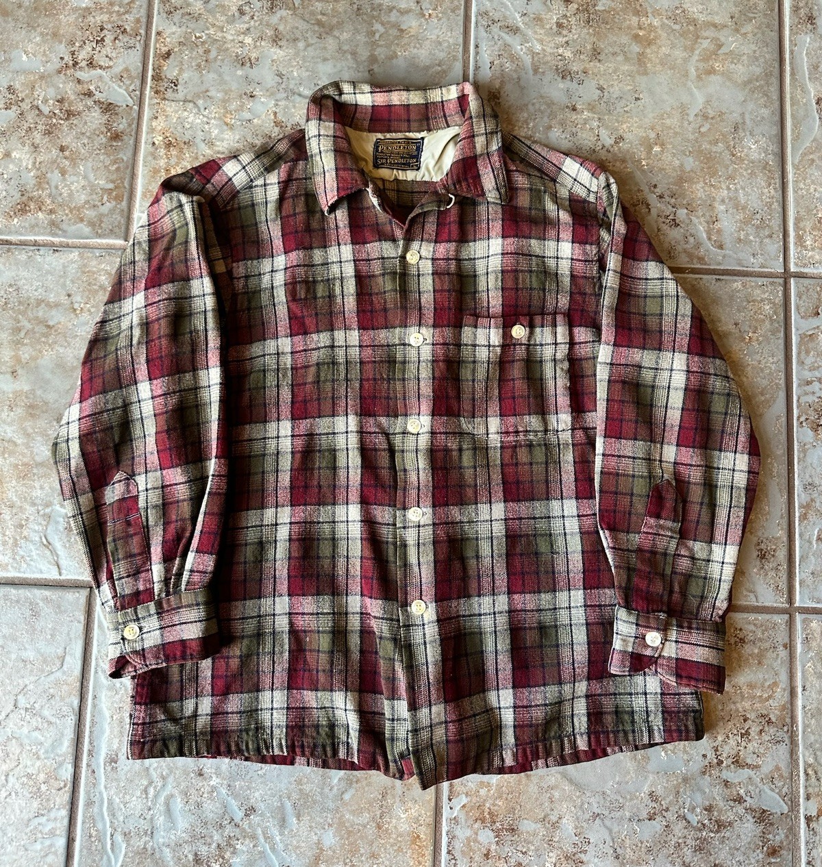 Vintage 60/70s Pendleton Board Shirt Plaid Virgin Wool Loop Collar Men\'s Large